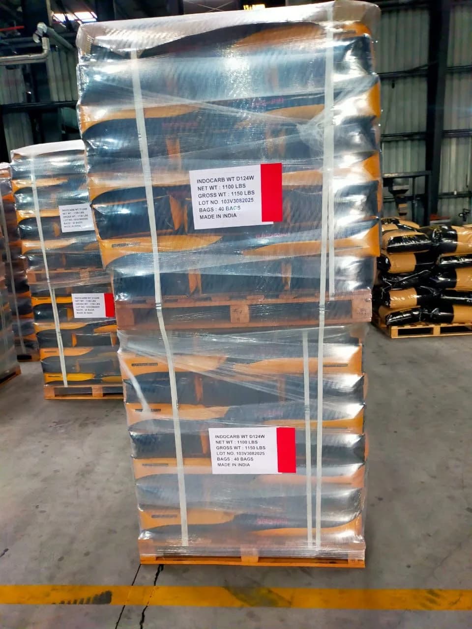 Palletized activated carbon bags ready for distribution